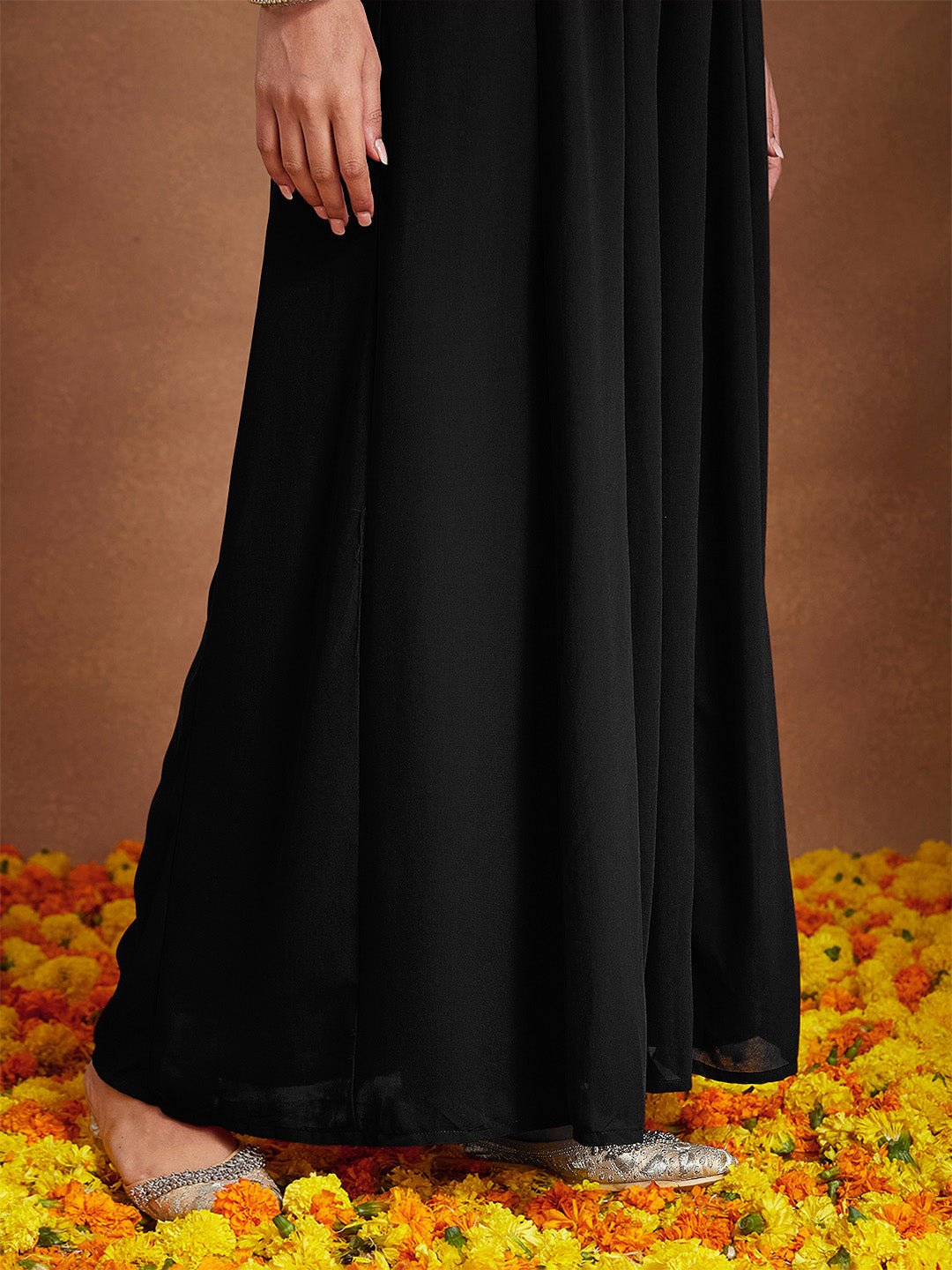 Women's Black Georgette Zari Embroidered Straight Kurta With Palazzo & Dupatta Set