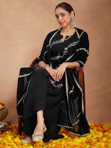 Women's Black Georgette Zari Embroidered Straight Kurta With Palazzo & Dupatta Set