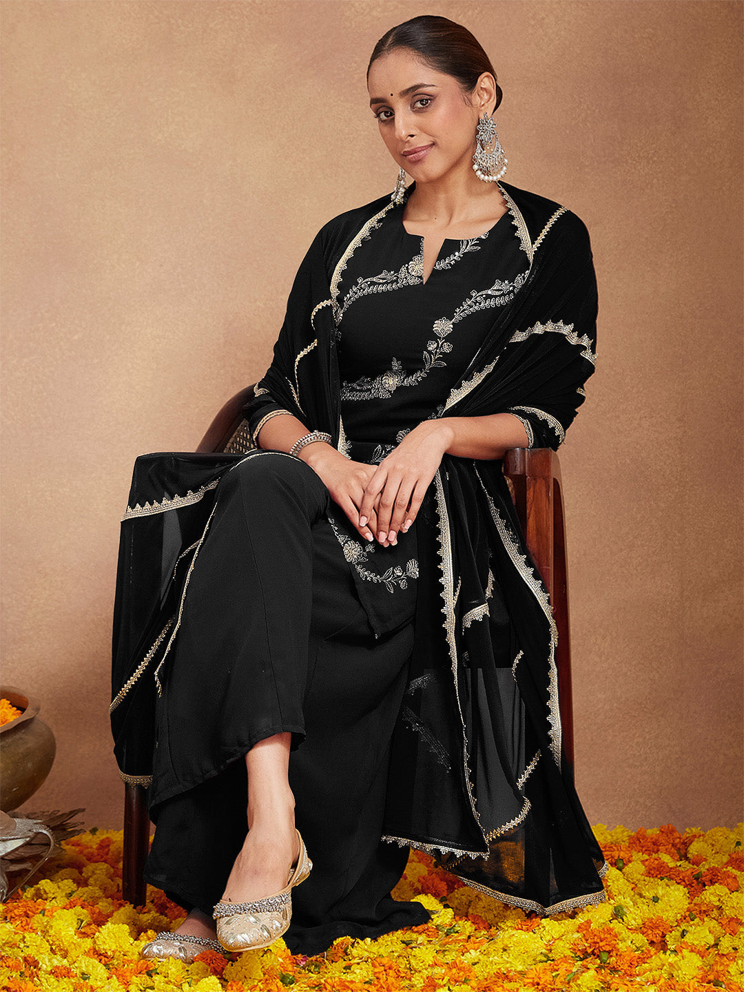 Women's Black Georgette Zari Embroidered Straight Kurta With Palazzo & Dupatta Set