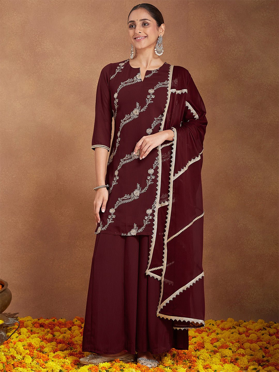 Women's Maroon Georgette Zari Embroidered Kurta With Sharara & Dupatta Set