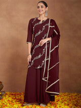 Women's Maroon Georgette Zari Embroidered Kurta With Sharara & Dupatta Set