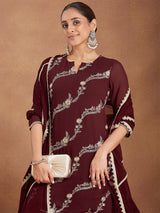 Women's Maroon Georgette Zari Embroidered Kurta With Sharara & Dupatta Set
