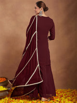 Women's Maroon Georgette Zari Embroidered Kurta With Sharara & Dupatta Set
