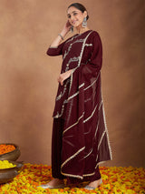 Women's Maroon Georgette Zari Embroidered Kurta With Sharara & Dupatta Set