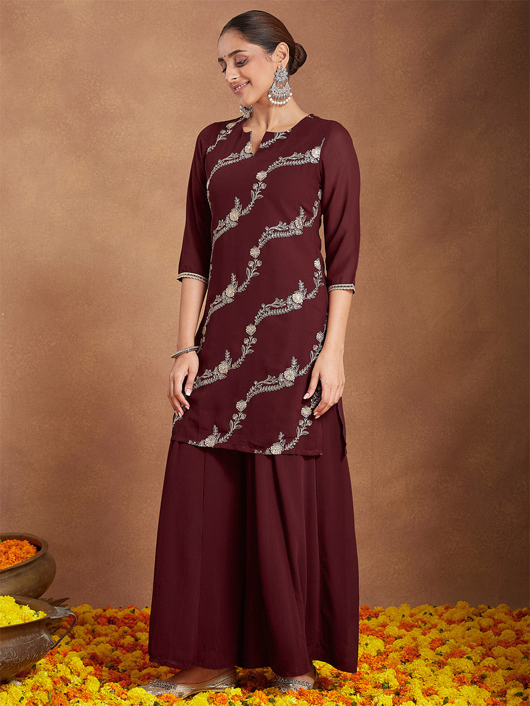 Women's Maroon Georgette Zari Embroidered Kurta With Sharara & Dupatta Set
