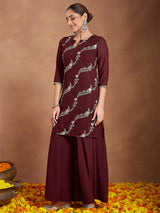 Women's Maroon Georgette Zari Embroidered Kurta With Sharara & Dupatta Set