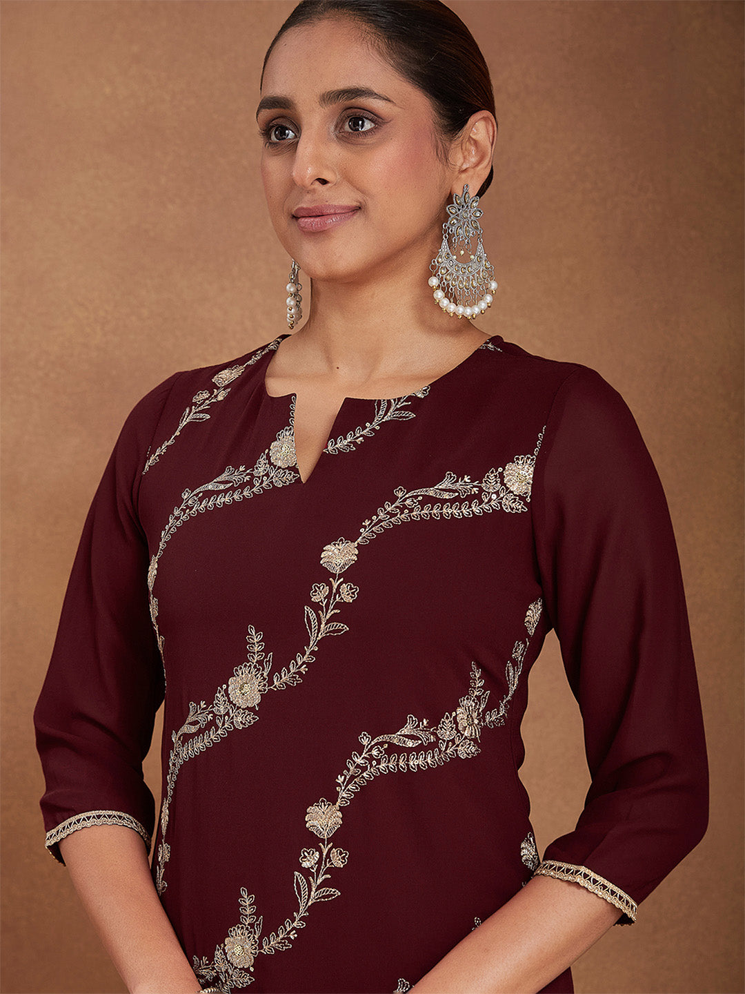 Women's Maroon Georgette Zari Embroidered Kurta With Sharara & Dupatta Set