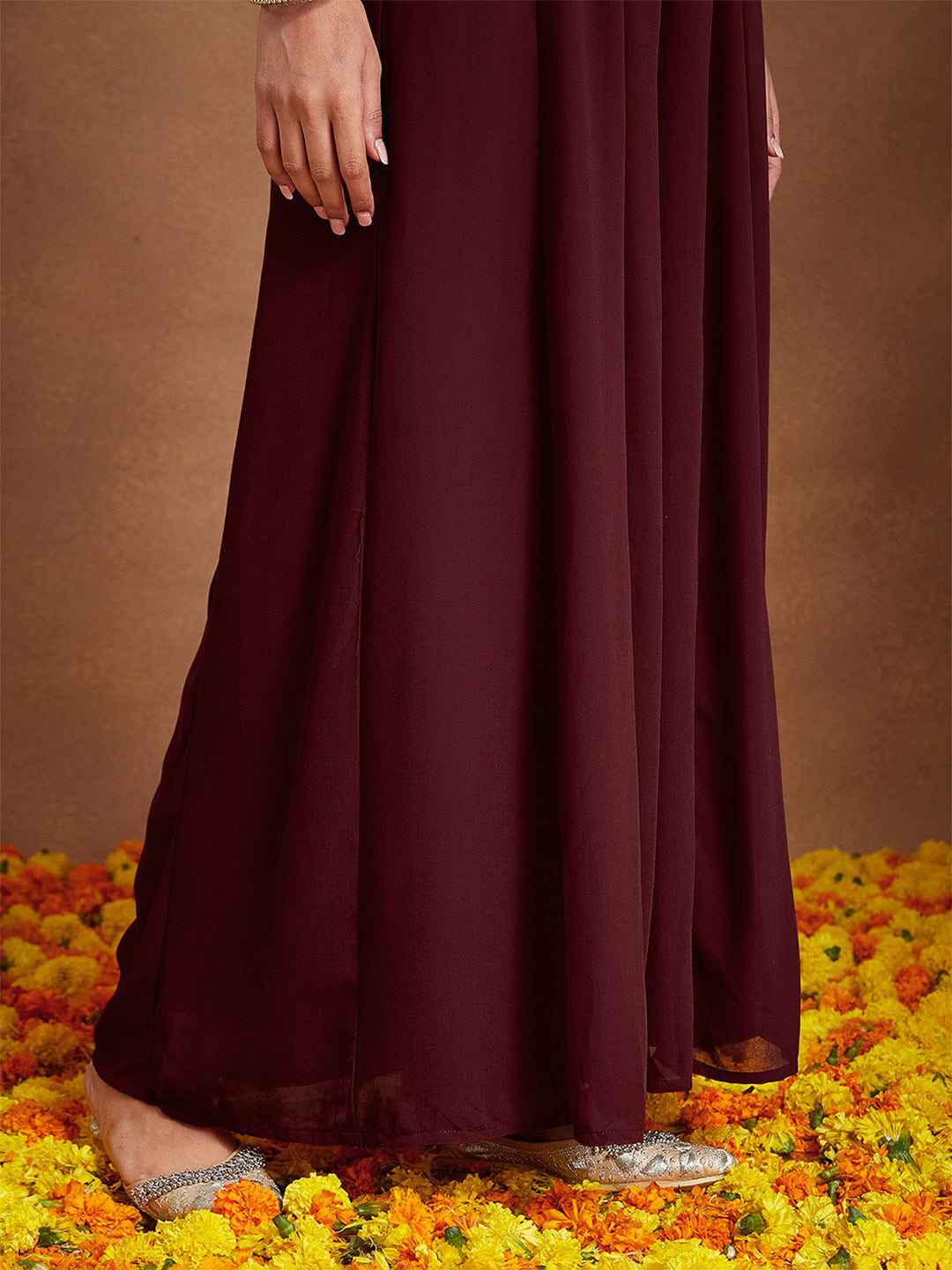 Women's Maroon Georgette Zari Embroidered Kurta With Sharara & Dupatta Set