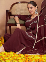 Women's Maroon Georgette Zari Embroidered Kurta With Sharara & Dupatta Set