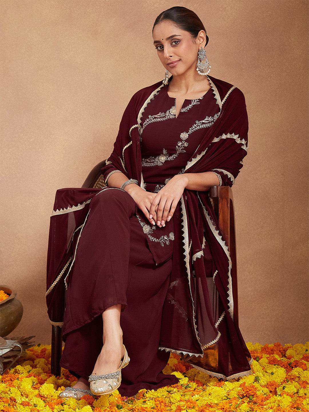 Women's Maroon Georgette Zari Embroidered Kurta With Sharara & Dupatta Set