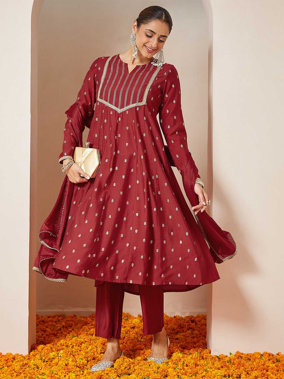 Women's Maroon Chanderi Silk Embellished Gold Printed Anarkali Kurta Set