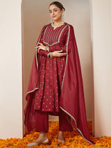 Women's Maroon Chanderi Silk Embellished Gold Printed Anarkali Kurta Set