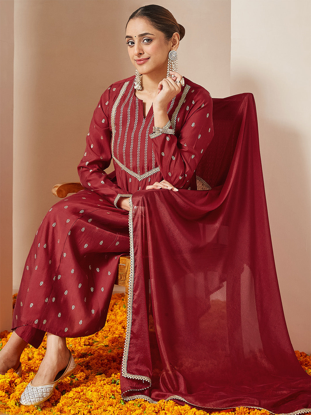 Women's Maroon Chanderi Silk Embellished Gold Printed Anarkali Kurta Set