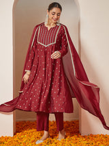 Women's Maroon Chanderi Silk Embellished Gold Printed Anarkali Kurta Set