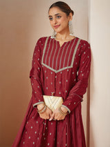 Women's Maroon Chanderi Silk Embellished Gold Printed Anarkali Kurta Set