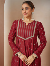 Women's Maroon Chanderi Silk Embellished Gold Printed Anarkali Kurta Set