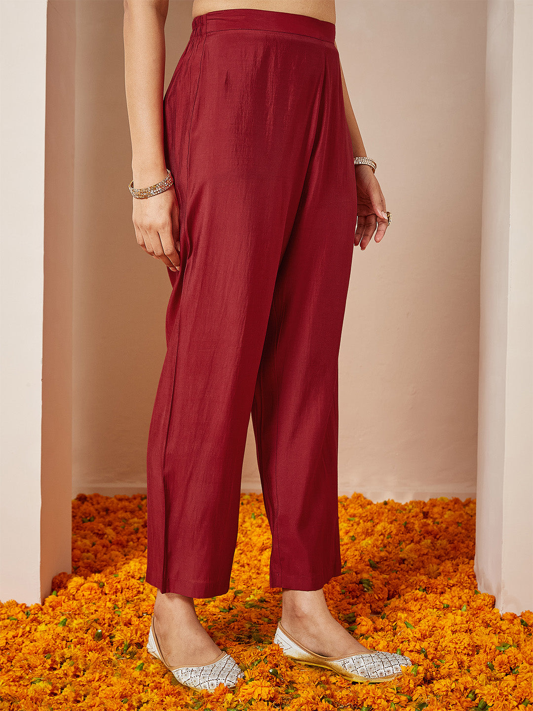 Women's Maroon Chanderi Silk Embellished Gold Printed Anarkali Kurta Set