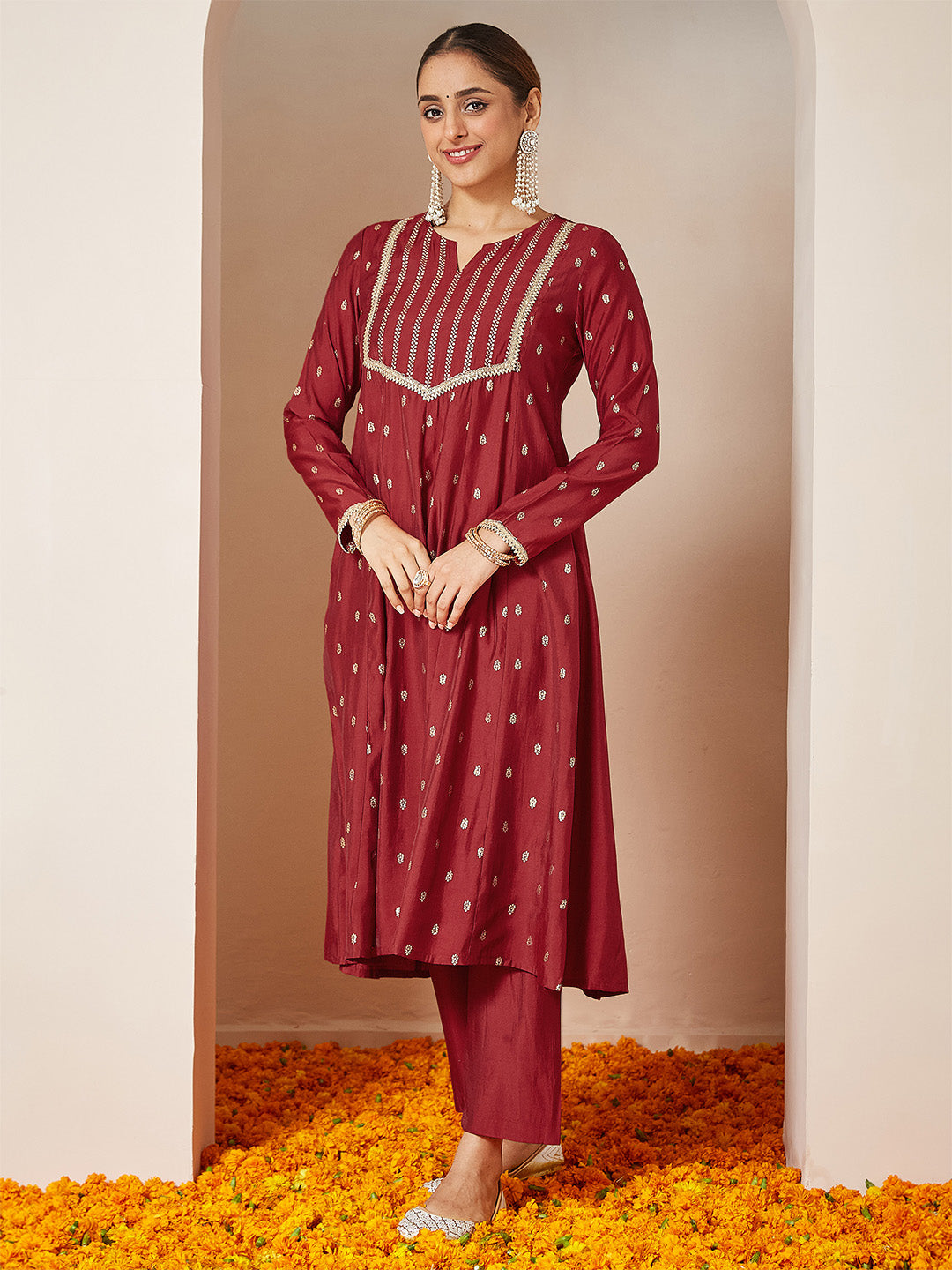 Women's Maroon Chanderi Silk Embellished Gold Printed Anarkali Kurta Set