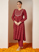 Women's Maroon Chanderi Silk Embellished Gold Printed Anarkali Kurta Set