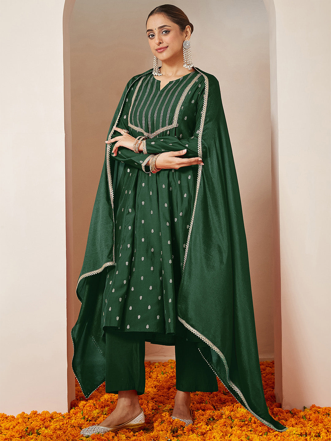 Women's Dark Green Chanderi Silk Embellished Gold Printed Anarkali Kurta Set