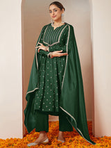 Women's Dark Green Chanderi Silk Embellished Gold Printed Anarkali Kurta Set