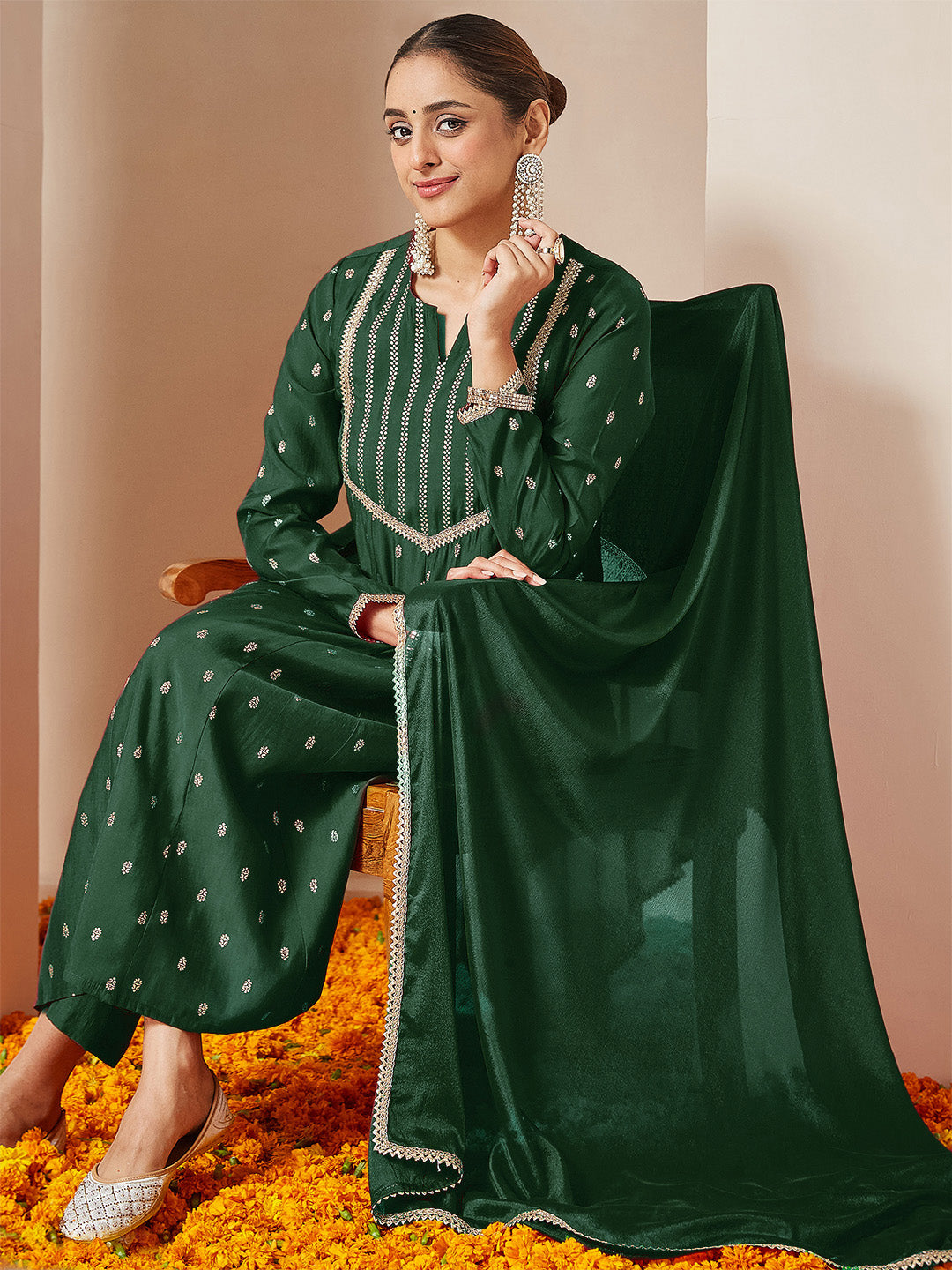 Women's Dark Green Chanderi Silk Embellished Gold Printed Anarkali Kurta Set