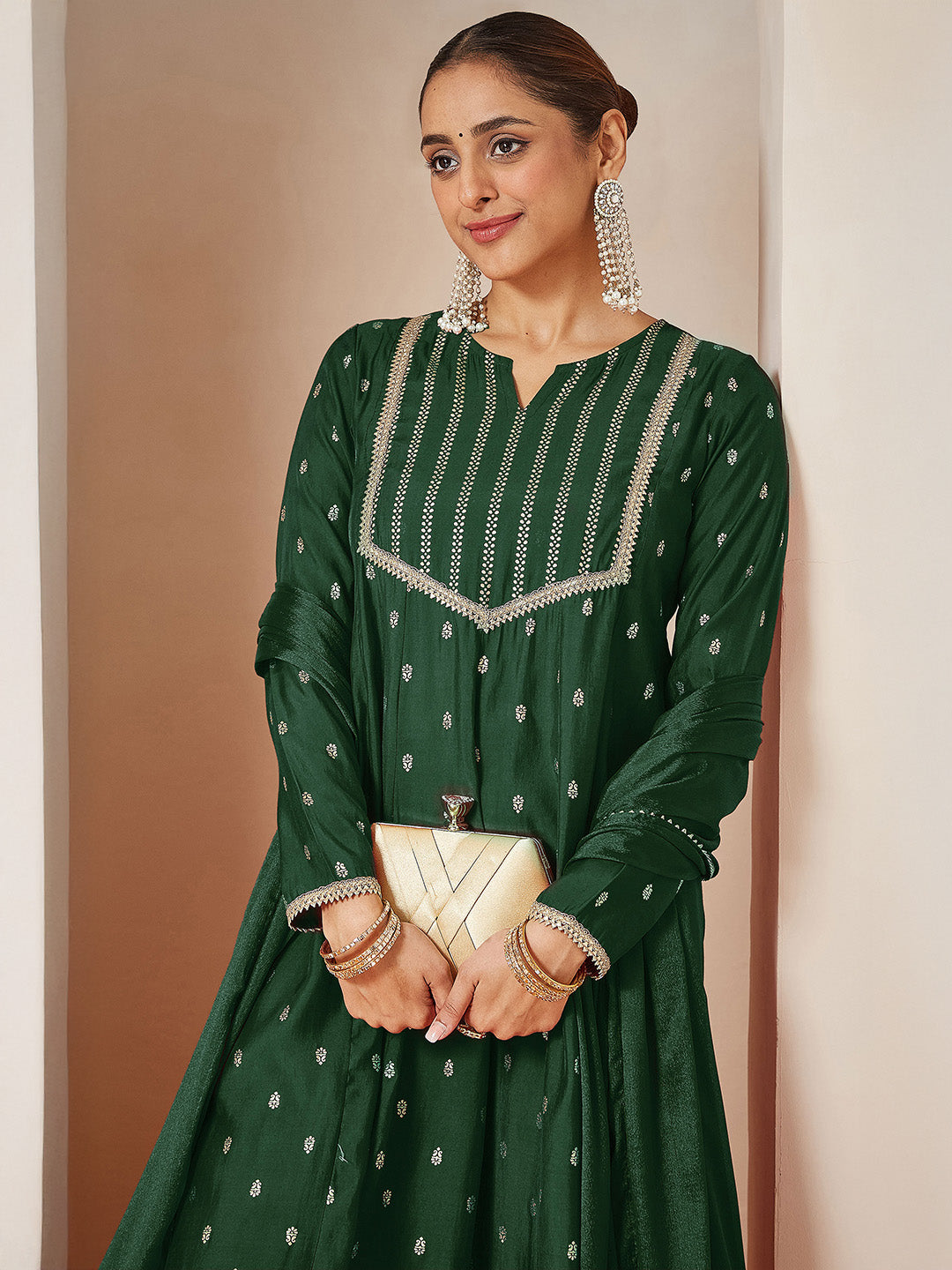 Women's Dark Green Chanderi Silk Embellished Gold Printed Anarkali Kurta Set