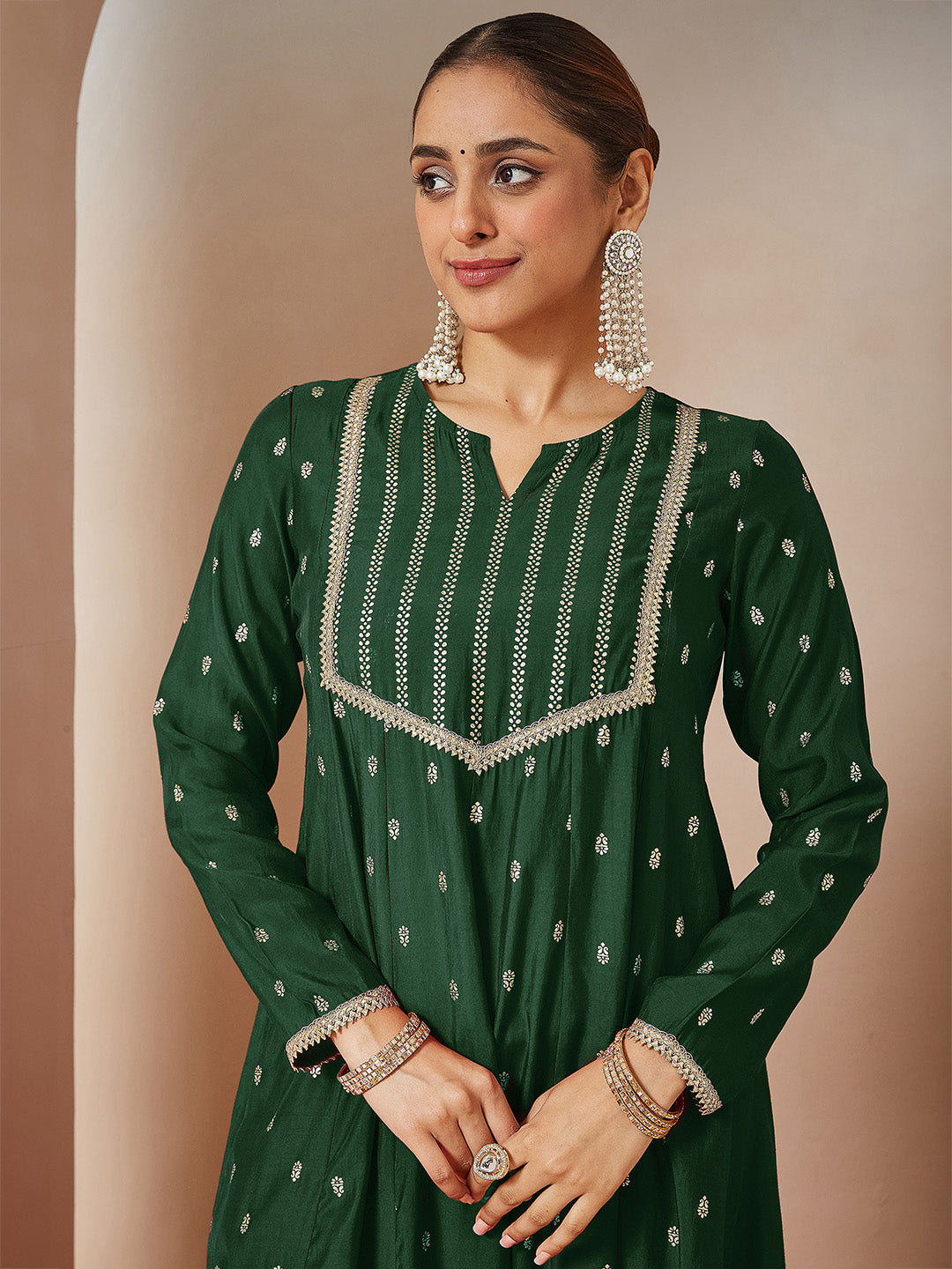 Women's Dark Green Chanderi Silk Embellished Gold Printed Anarkali Kurta Set