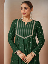 Women's Dark Green Chanderi Silk Embellished Gold Printed Anarkali Kurta Set