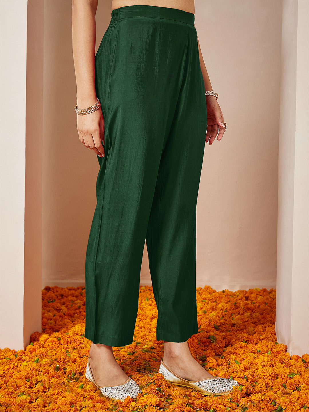 Women's Dark Green Chanderi Silk Embellished Gold Printed Anarkali Kurta Set