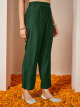 Women's Dark Green Chanderi Silk Embellished Gold Printed Anarkali Kurta Set