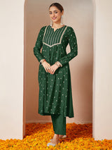 Women's Dark Green Chanderi Silk Embellished Gold Printed Anarkali Kurta Set