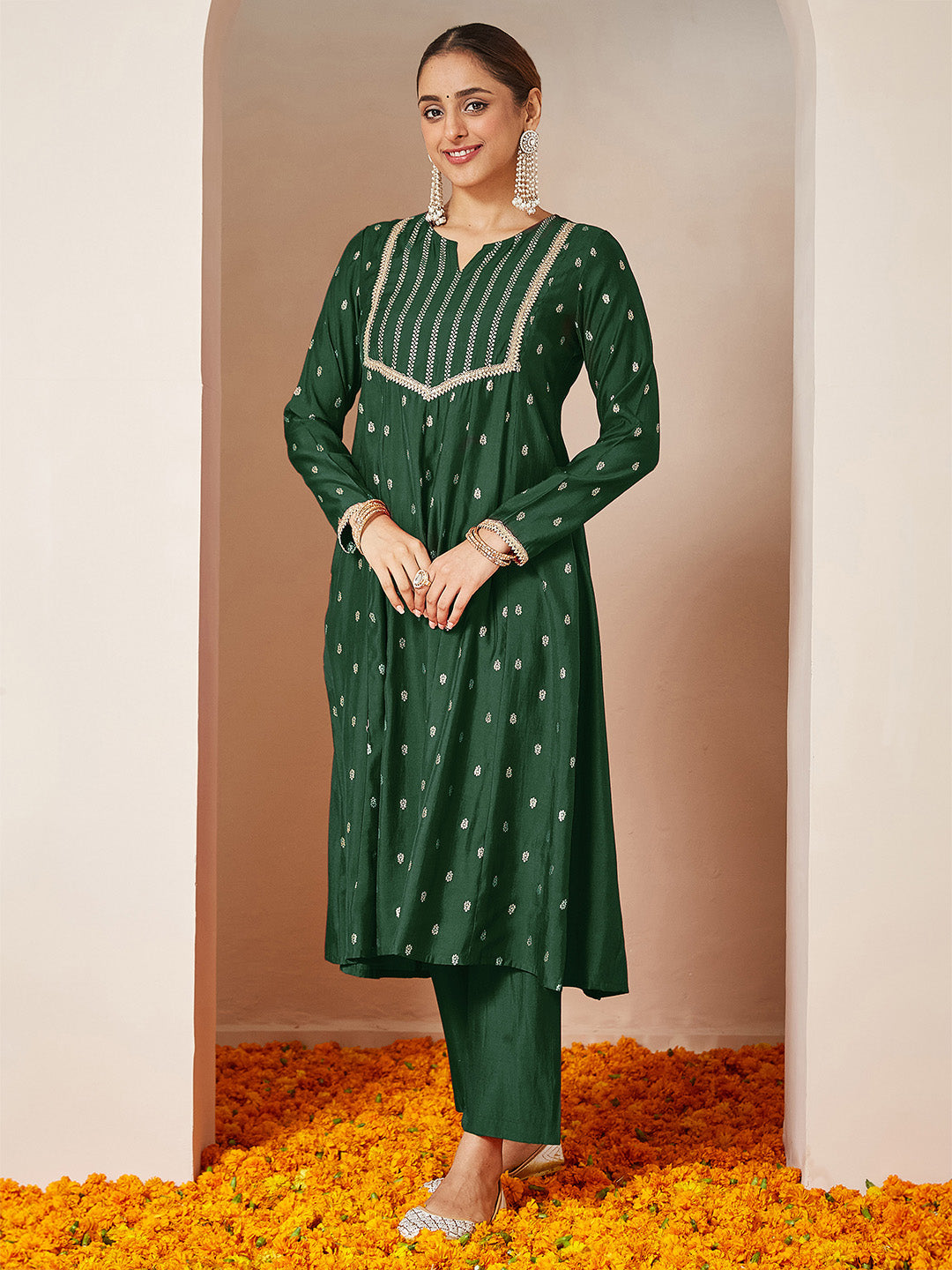 Women's Dark Green Chanderi Silk Embellished Gold Printed Anarkali Kurta Set