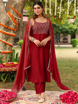 Women's Maroon Chanderi Silk Zari Embroiderd A-line Kurta Set