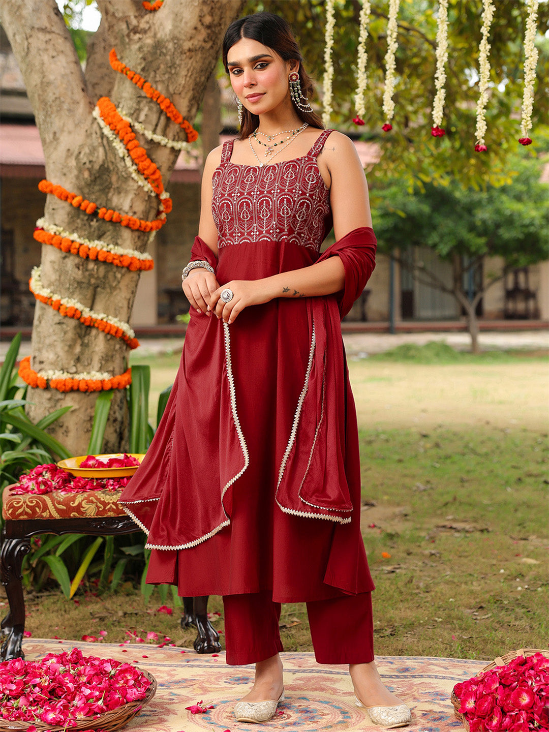 Women's Maroon Chanderi Silk Zari Embroiderd A-line Kurta Set
