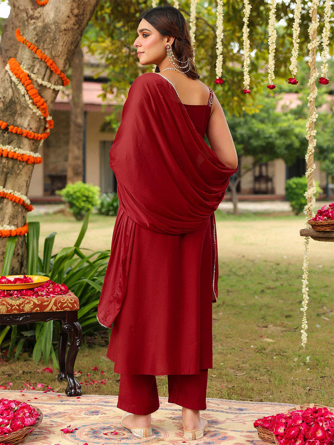 Women's Maroon Chanderi Silk Zari Embroiderd A-line Kurta Set