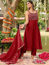 Women's Maroon Chanderi Silk Zari Embroiderd A-line Kurta Set