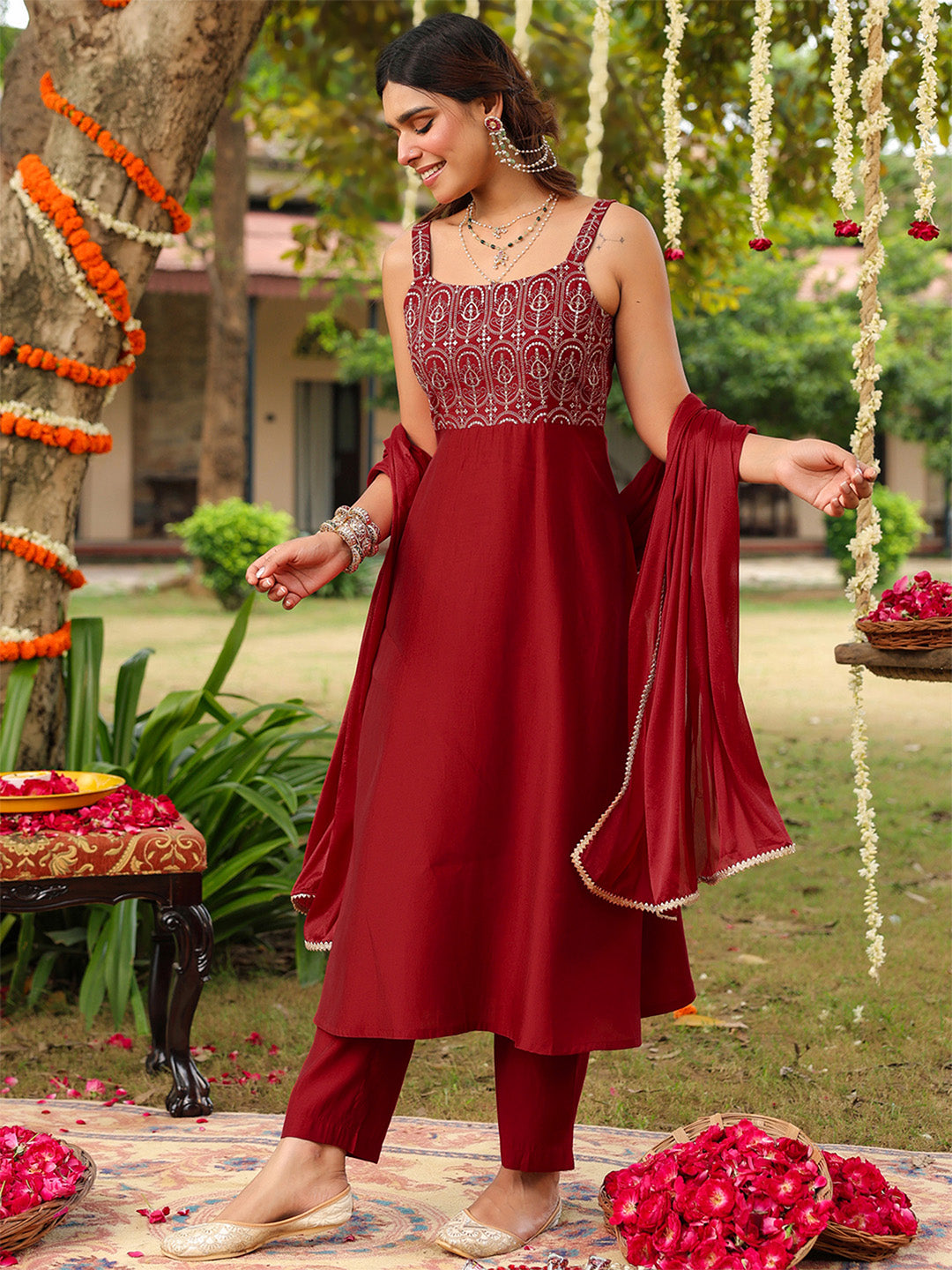 Women's Maroon Chanderi Silk Zari Embroiderd A-line Kurta Set