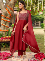 Women's Maroon Chanderi Silk Zari Embroiderd A-line Kurta Set