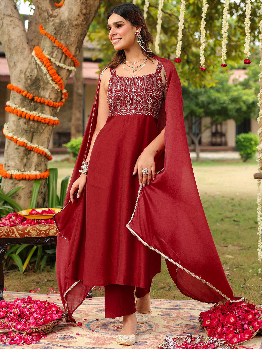Women's Maroon Chanderi Silk Zari Embroiderd A-line Kurta Set