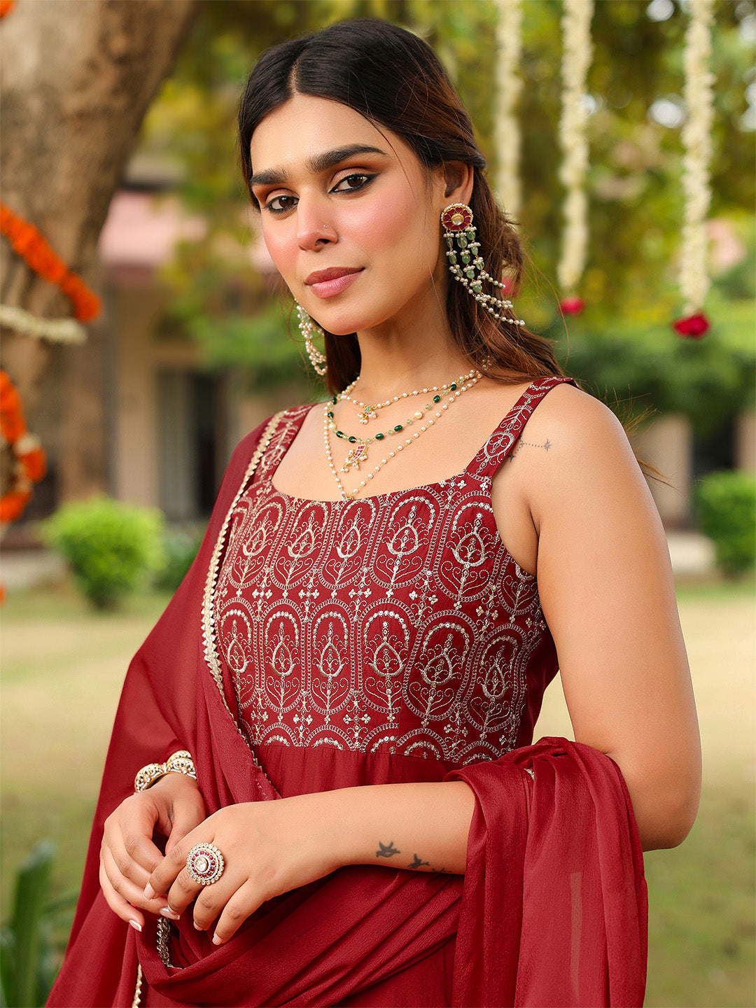 Women's Maroon Chanderi Silk Zari Embroiderd A-line Kurta Set