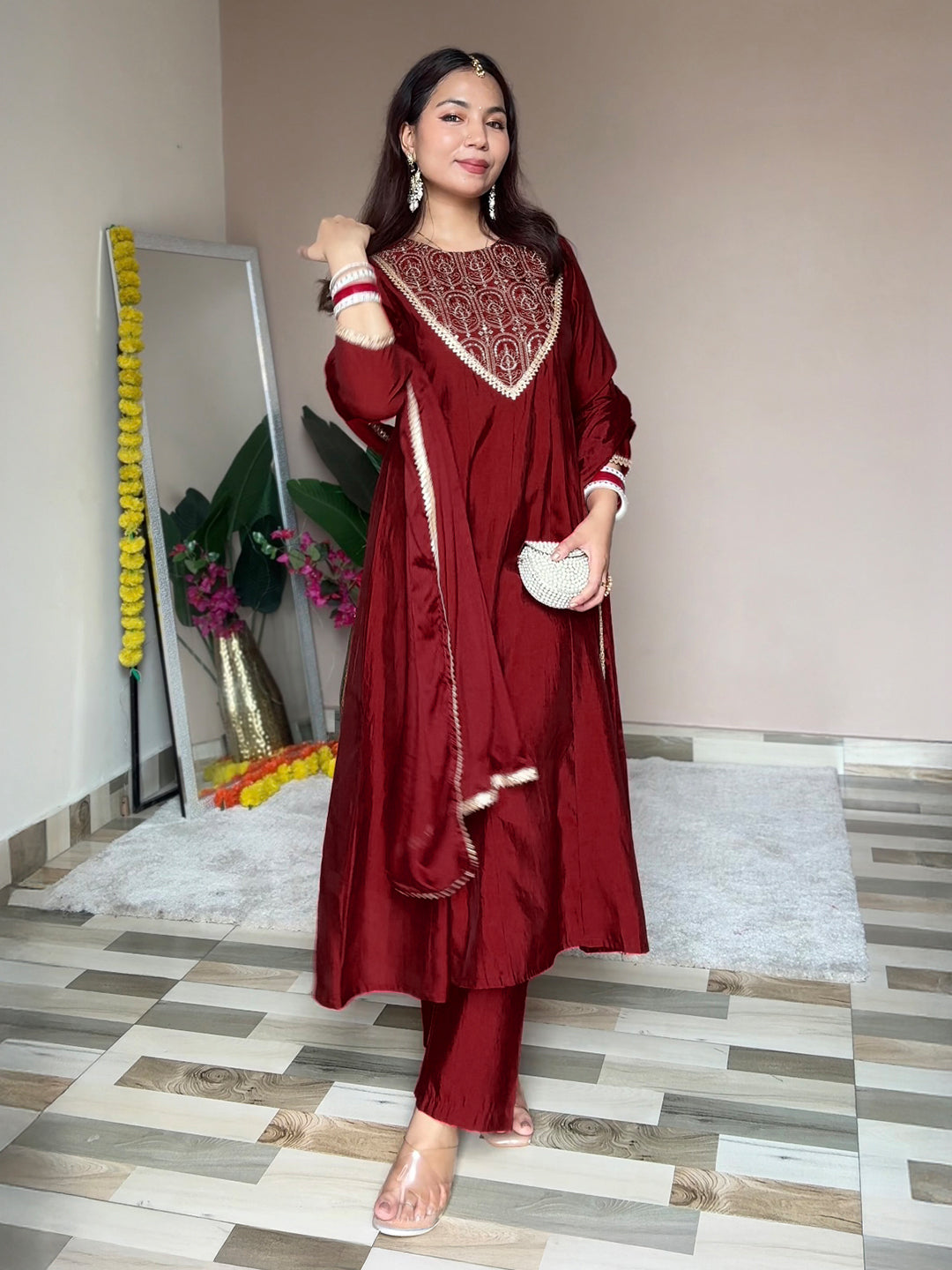 Women's Maroon Chanderi Silk Embroidered Anarkali Kurta Set