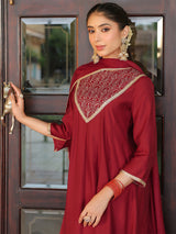 Women's Maroon Chanderi Silk Embroidered Anarkali Kurta Set