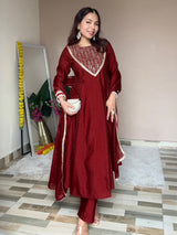 Women's Maroon Chanderi Silk Embroidered Anarkali Kurta Set