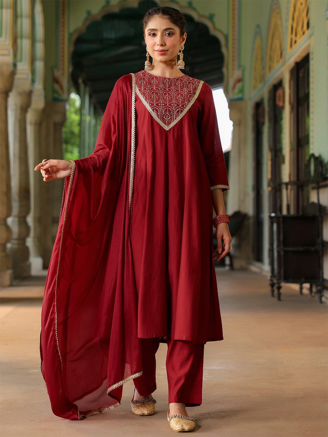 Women's Maroon Chanderi Silk Embroidered Anarkali Kurta Set