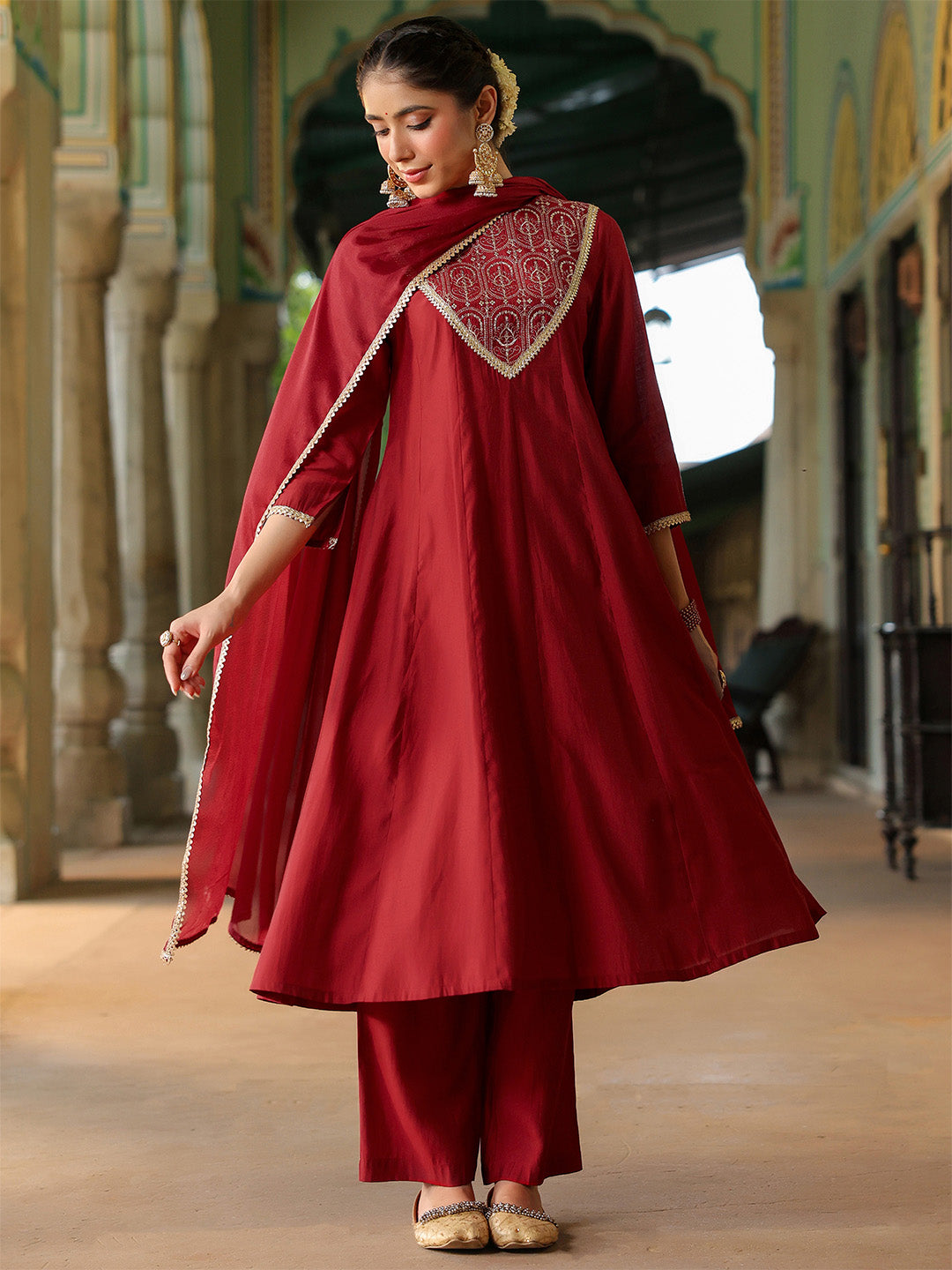Women's Maroon Chanderi Silk Embroidered Anarkali Kurta Set