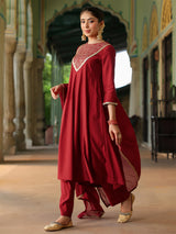 Women's Maroon Chanderi Silk Embroidered Anarkali Kurta Set