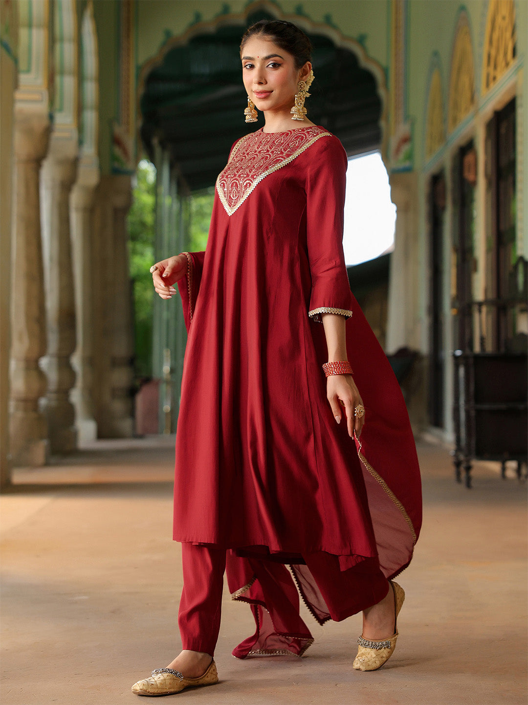 Women's Maroon Chanderi Silk Embroidered Anarkali Kurta Set