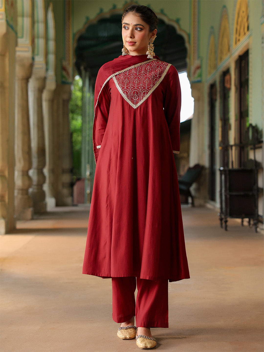 Women's Maroon Chanderi Silk Embroidered Anarkali Kurta Set
