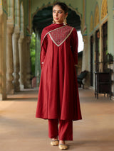 Women's Maroon Chanderi Silk Embroidered Anarkali Kurta Set